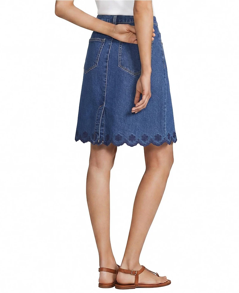 Lands' End Women's Soft Denim 5 Pocket Above the Knee Skirt with Embroidered Hem