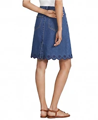 Lands' End Women's Soft Denim 5 Pocket Above the Knee Skirt with Embroidered Hem