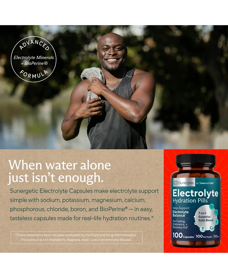 Sunergetic Electrolyte Capsules with Potassium, Magnesium, Calcium and Sodium, Keto-Friendly, Vegetarian, 100 Count