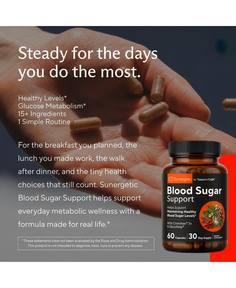 Sunergetic Blood Sugar Support Supplement with Cinnamon, Chromium, Alpha Lipoic Acid and Herbal Blend, 60 Capsules