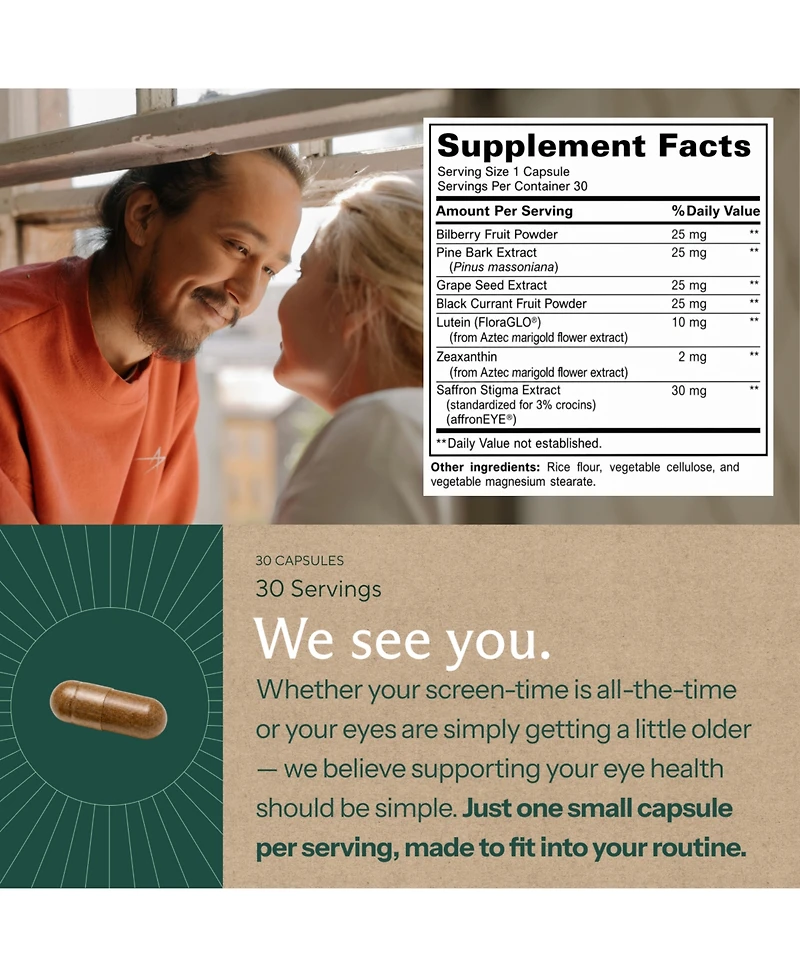 Sunergetic Eye Pressure Support Capsules with FloraGLO Lutein, affronEYE Saffron and Zeaxanthin, 30 Count