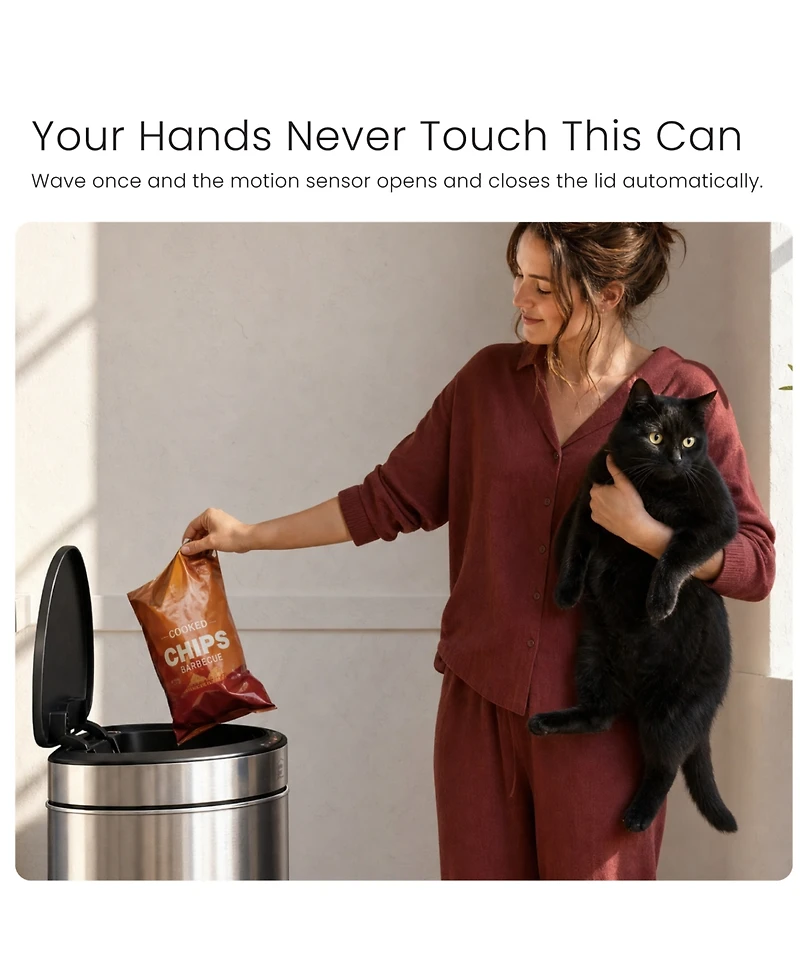 Home Zone Living 16 Gallon Motion Sensor Automatic Kitchen Trash Can with Liner-Free Stainless Steel 60 Liter Capacity