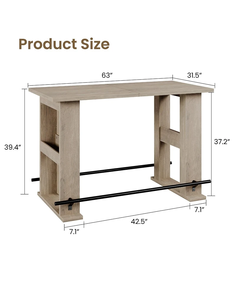 homfan 63-Inch Farmhouse Bar Table with Storage Shelves and Metal Footrest, Counter Height Pub Table for Kitchen