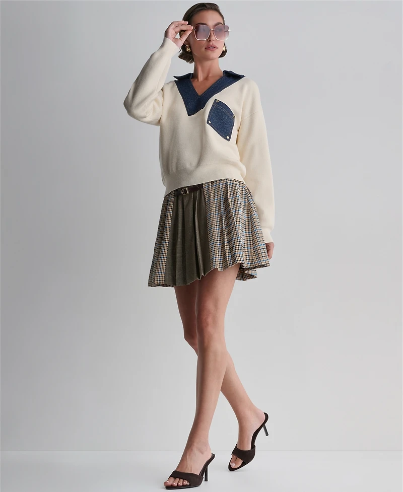 Bcbg Women's Long-Sleeve Collared V-Neck Denim Trim Sweater