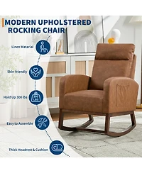 homfan Modern Hospitality Rocking Chair – Teddy Upholstery, High Back ,Armrest ,Wingback, Side Pockets Rubber Wood Legs for Restaurant or Office