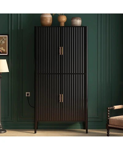 Streamdale Furniture Modern Fluted 4-Door Wine Cabinet with Glass Display and Stemware Rack