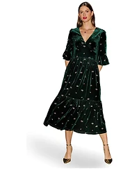 Yumi Women's Velvet Embroidered V-Neck Midi Dress