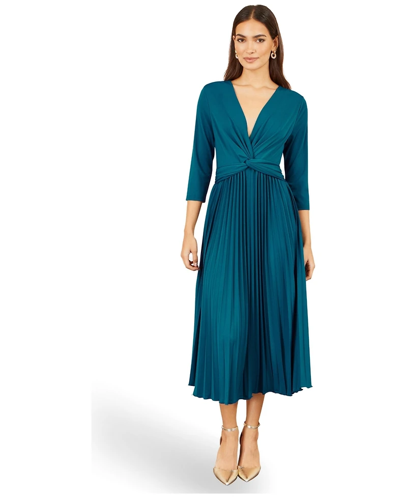 Yumi Women's V-Neck 3/4 Sleeve Pleated Midi Dress