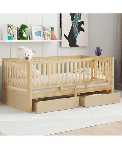 Streamdale Furniture Twin Wood Daybed With Drawers, Fence Rails, Floor Bed Option