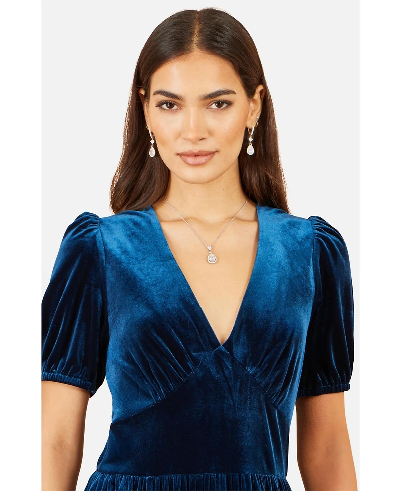 Yumi Women's Puff Sleeve V-Neck Velvet Midi Dress