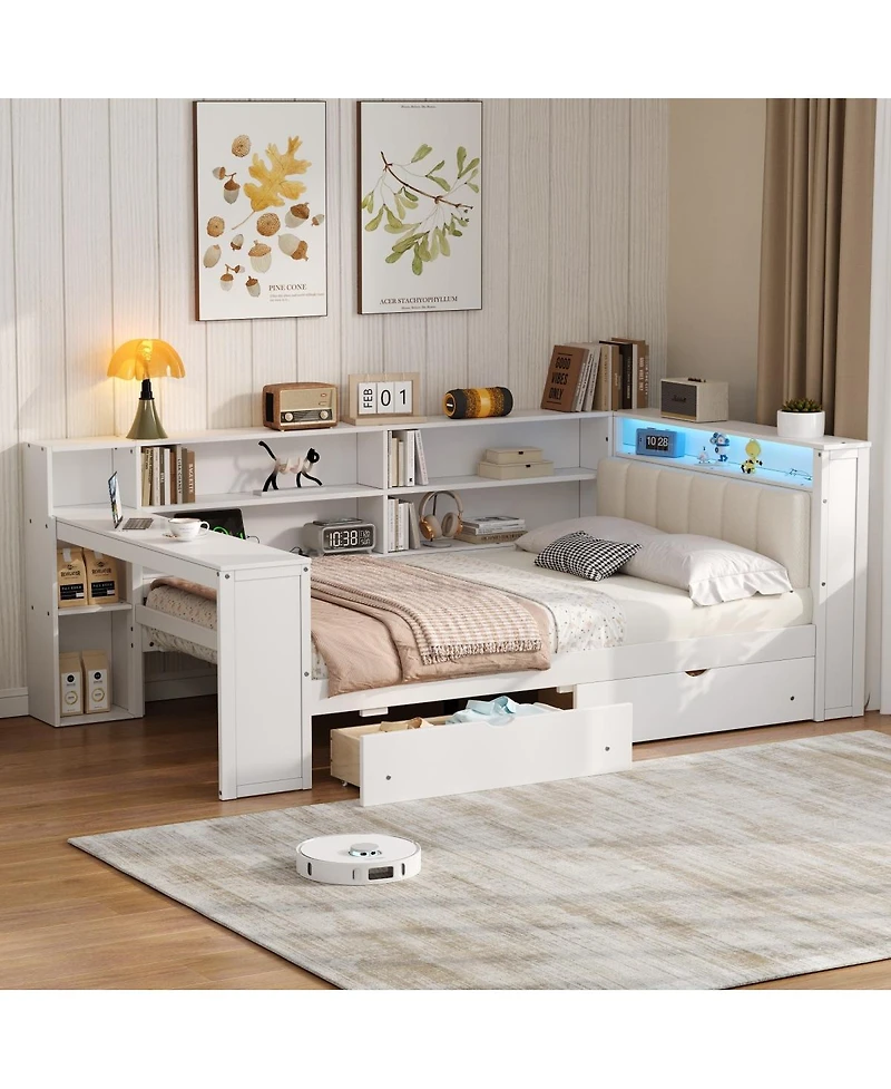 Streamdale Furniture Wood Platform Bed With Storage, Desk, Led, Charging