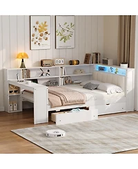 Streamdale Furniture Wood Platform Bed With Storage, Desk, Led, Charging