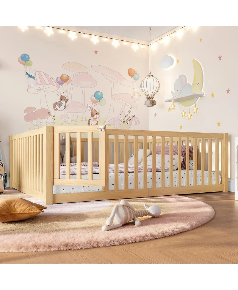 Streamdale Furniture Full Size Bed Floor Bed with Safety Guardrails and Door for Kids