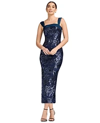 Dress the Population Women's Sequin Square Neck Bodycon Tea Length