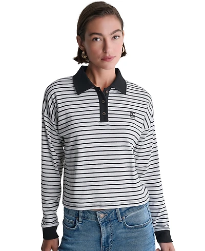 Bcbg Women's Long-Sleeve Striped Collared Polo Top