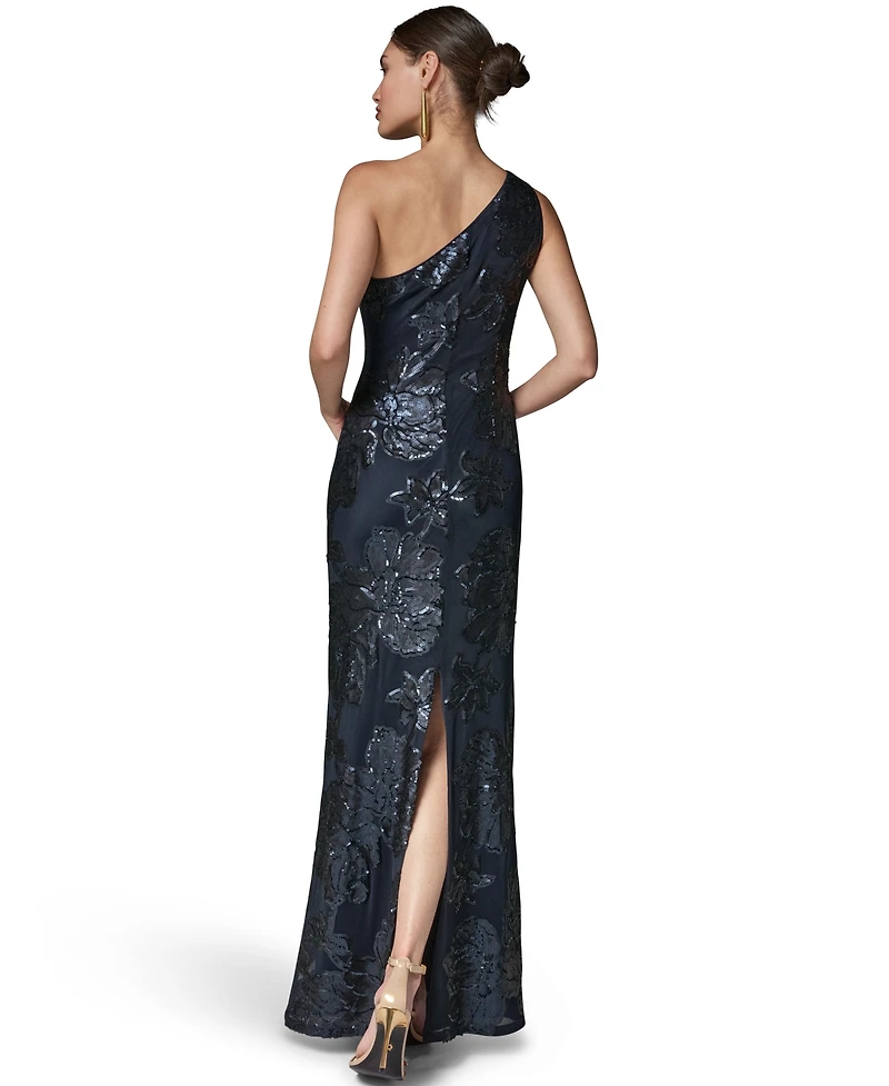 Donna Karan New York Women's One-Shoulder Floral Sequin Mesh Dress