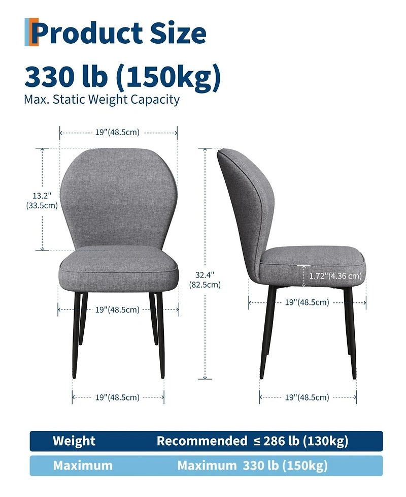 gaomon Set of 2 Grey Linen Dining Chairs with Metal Pegs, Modern Upholstered Side Chairs