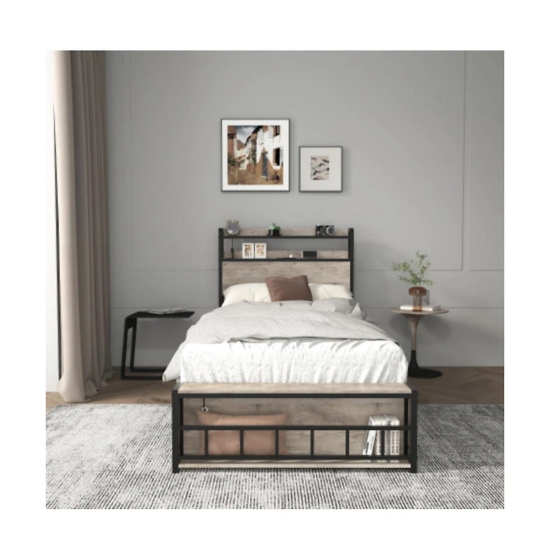 Lucky One Twin Size Bed Frame with Headboard, Rgb Led Lights, Usb Charging Station, Storage, No Box Spring Needed, Easy Assembly