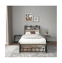 Lucky One Twin Size Bed Frame with Headboard, Rgb Led Lights, Usb Charging Station, Storage, No Box Spring Needed, Easy Assembly