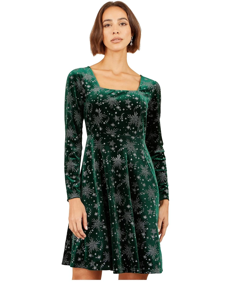 Yumi Women's Starburst Square Neck Fit & Flare Constellation-Print Dress