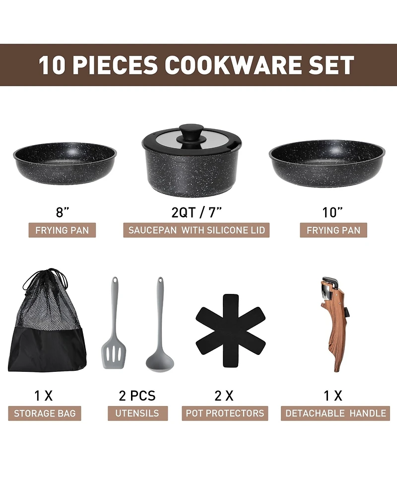 Piscifun 10 Piece Non Stick Detachable Handle Stackable Cookware Set For Rv Camping