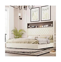Lucky One Queen Size Velvet Tufted Bed Frame with Usb Port, Night Light, High Headboard, Wing-back, Storage Shelf, No Box Spring Needed