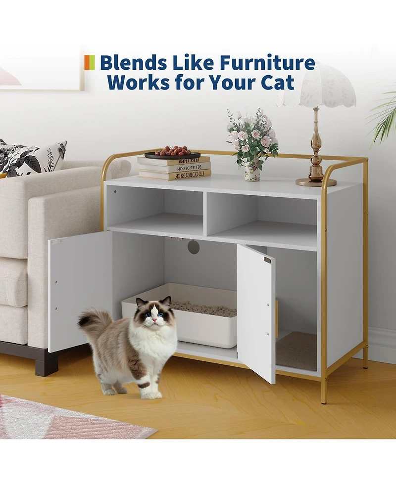 homfan 37.4'' Litter Box Enclosure Hidden Bathroom Cabinet with Side Entry Wooden House and Indoor Pet Crate Decorative End Table