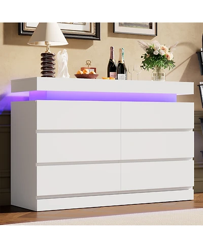 gaomon 6 Drawer Dresser for Bedroom, 47" Wide Chest of Drawers with Led Light and Charging Station, For Living Room, Entryway, Hallway