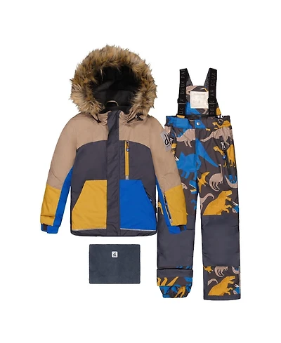 Deux par Deux Big Boys 6-16 Two Piece Play Snowsuit Colorblock with Dinosaur Print Pants