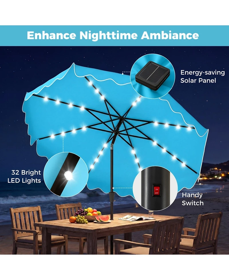 Sugift 10 Feet Solar Led Patio Umbrella with 32 Lights and Weighted Sandbag Base