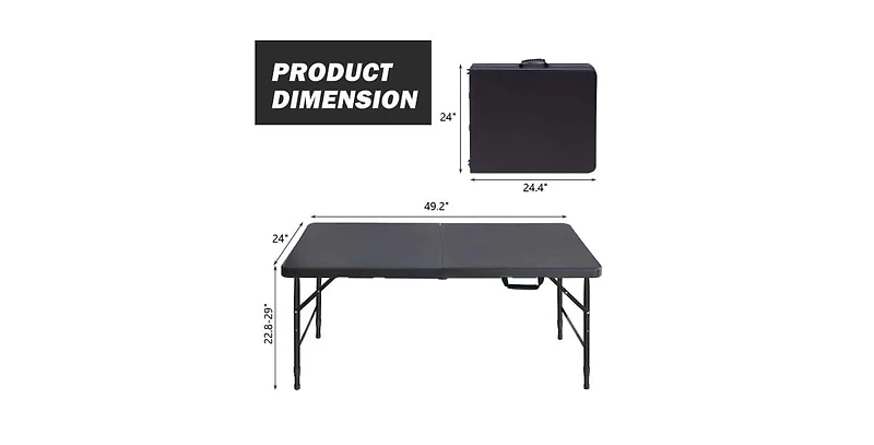 homfan 4FT Folding Table – Adjustable Height, Waterproof, Easy Clean, Portable Plastic with Handle, Fold-in-Half Design, Steel Frame, 300LBS Capacity