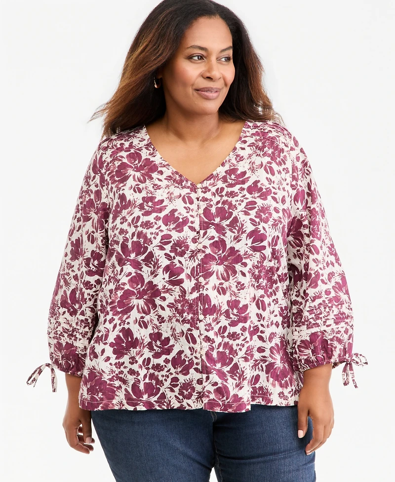 Style & Co Plus Printed V-Neck 3/4-Sleeve Top, Macy's Exclusive