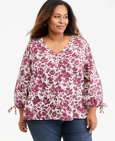 Style & Co Plus Printed V-Neck 3/4-Sleeve Top, Macy's Exclusive