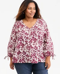 Style & Co Plus Printed V-Neck 3/4-Sleeve Top, Macy's Exclusive