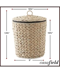 Casafield Hyacinth Trash Can with Lid and Liner - Natural, Woven Waste Basket for Garbage in the Bathroom, Bedroom, Laundry Room, Home Office