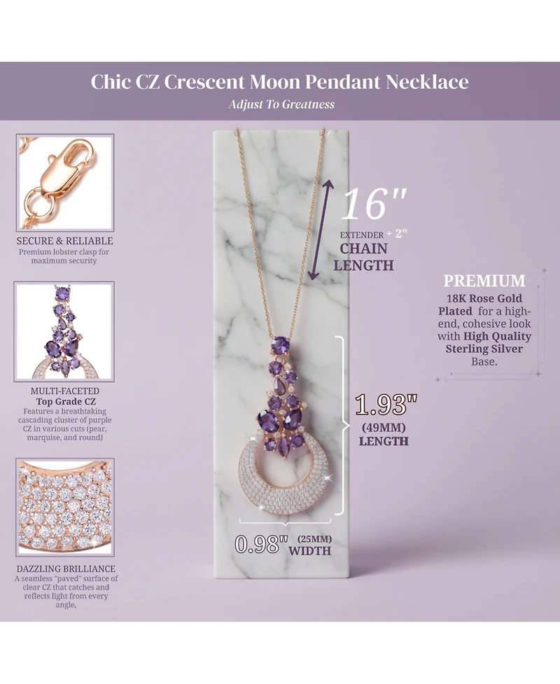 Genevive Sterling Silver 18K Rose Gold Plated Clear and Purple Cubic Zirconia Pendant Necklace