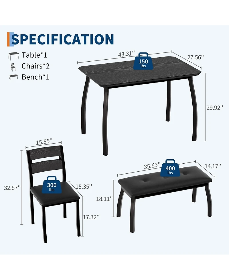 homfan Dining Table Set for 4 - Kitchen with Upholstered Bench and 2 Chairs Space-Saving Metal Frame Retro Room