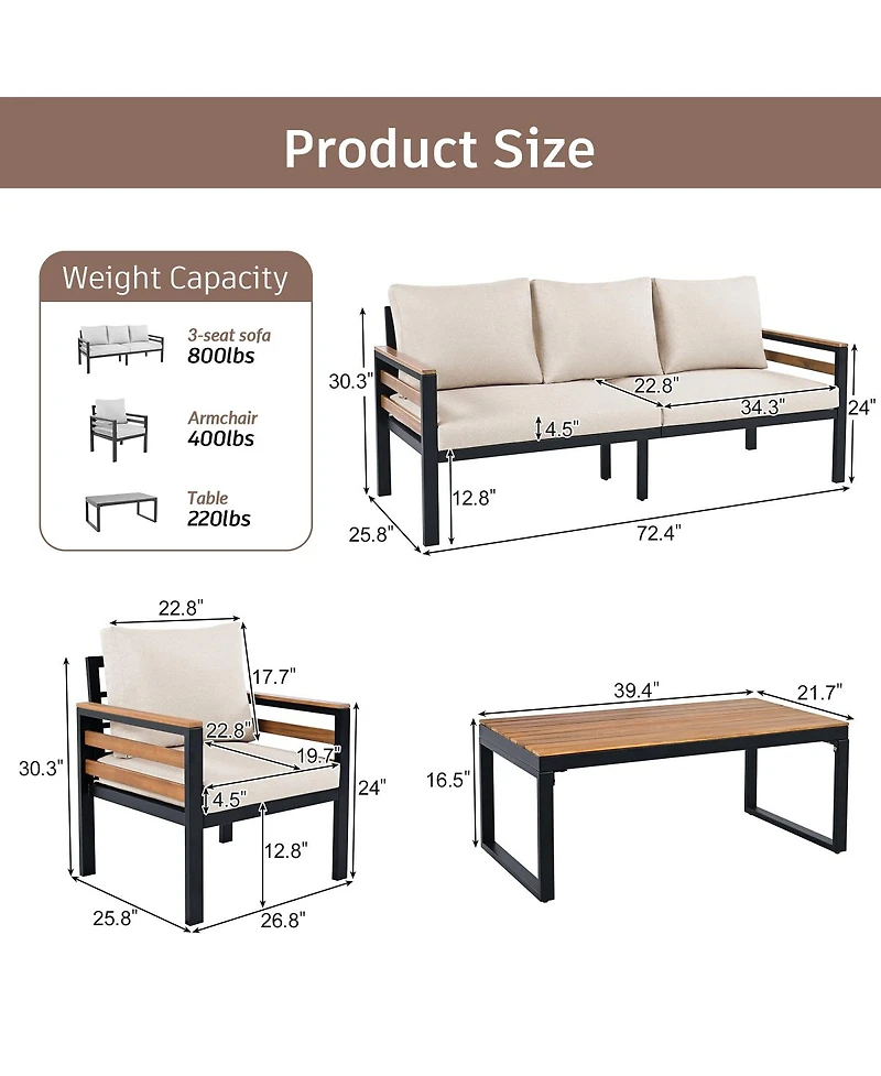 Streamdale Furniture 4-Piece Outdoor Sofa Set with Acacia Wood and Coffee Table