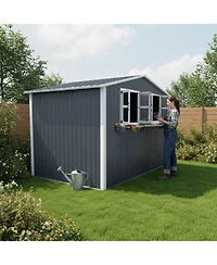 Streamdale Furniture 6x9 Ft Outdoor Metal Storage Shed with Window Flower Rack and Lockable Doors