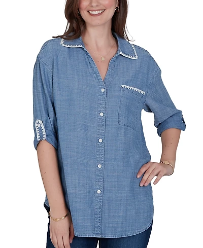 Ruby Rd. Petite Crochet Trim Soft Button-Front Top