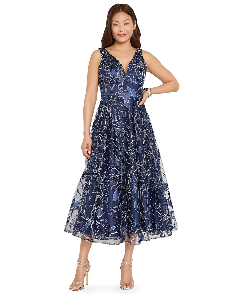 Tahari Asl Women's Floral Metallic Soutache A-Line Midi Dress