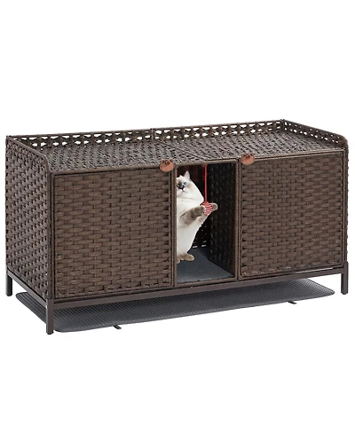 homfan Rattan Cat Litter Box Enclosure – Handwoven Hidden Washroom Cabinet with Door, Mat and S-Hooks, Spacious Dual-Room Furniture