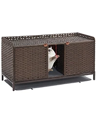 homfan Rattan Cat Litter Box Enclosure – Handwoven Hidden Washroom Cabinet with Door, Mat and S-Hooks, Spacious Dual-Room Furniture