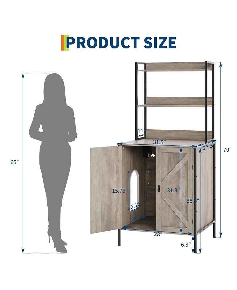 homfan Farmhouse Cat Litter Box Enclosure Cabinet – 70" Tall Hidden Furniture with Charging Station, Storage Shelves, Magnetic Lock Doors