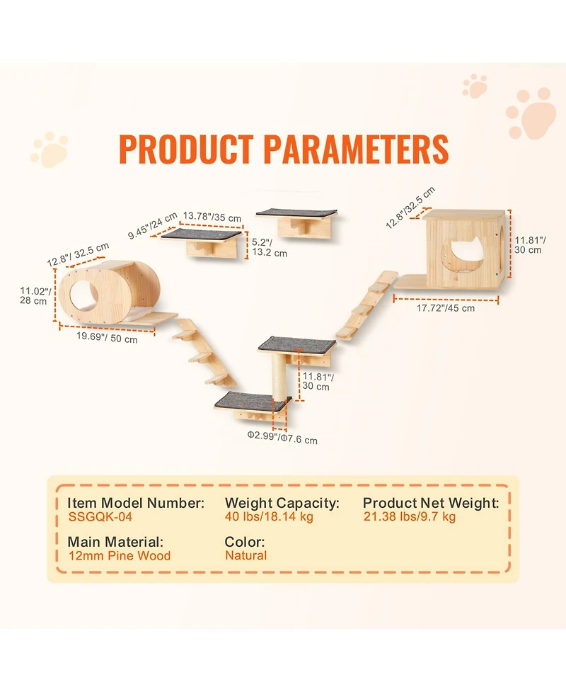 Ruie Wall Mounted Cat Shelves Set of 7 with Jumping Boards and Hammock
