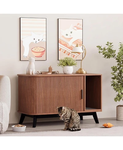 homfan Cat Litter Box End Table - 39" Hidden House Enclosure with Sliding Door, Mat, Multi-Functional Wooden Pet Cabinet for Living Room