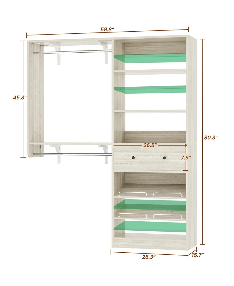 Aheaplus 5FT Reversible Wood Closet Organizer with 2 Hanging Rods and Shelf