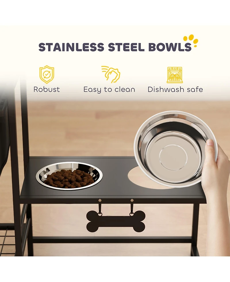 Ruie Height Adjustable Dog Bowl Stand with Two Feeding Stations and Toy Bin Basket