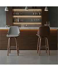 Clihome Leather Bar Stool with Wood Legs, Modern Upholstered Counter Height Chair, Kitchen Island Stool with Footrest