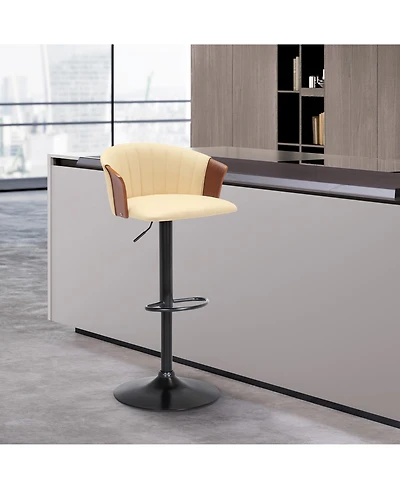 Clihome Leather Adjustable Bar Stool with Wood Arms, Modern Swivel Counter Height Chair, Metal Base Kitchen Stool